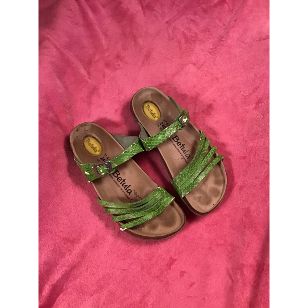 Betula Green Snakeskin Strap Sandals US 6 Brown Footbed Peeling - Picture 2 of 10